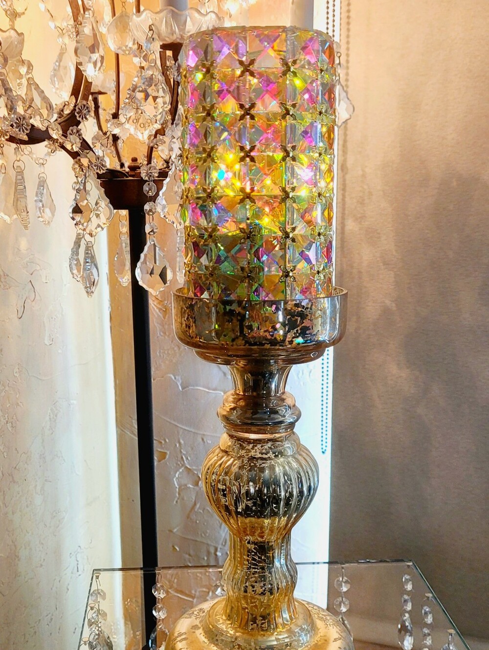 Beautiful iridescent Illuminated faceted glass hurricane by Valerie. Stunning